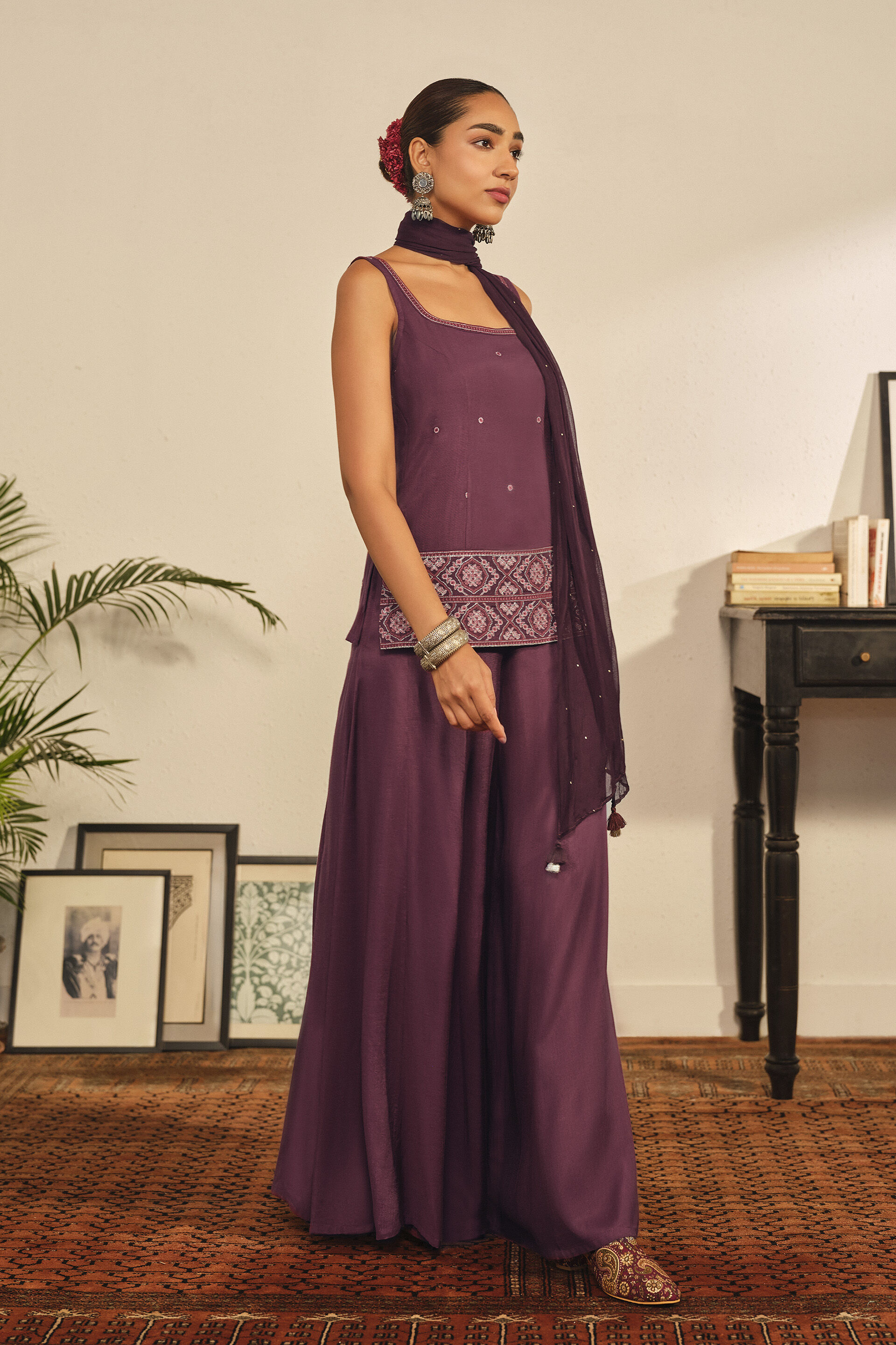 Embroidered Kurta Set in Wine, Wine, image 3